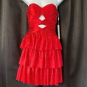 Red Strapless Ruffled Dress